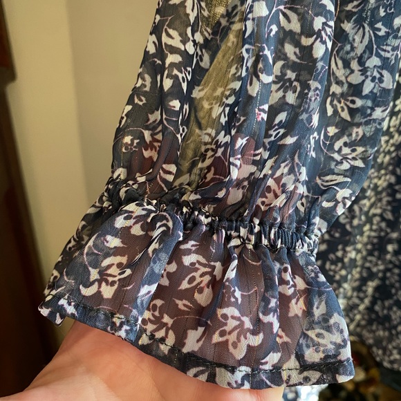 Mango Casual Navy Blue with White and Purple Florals Long Sleeve Ruffled Dress - Picture 7 of 7